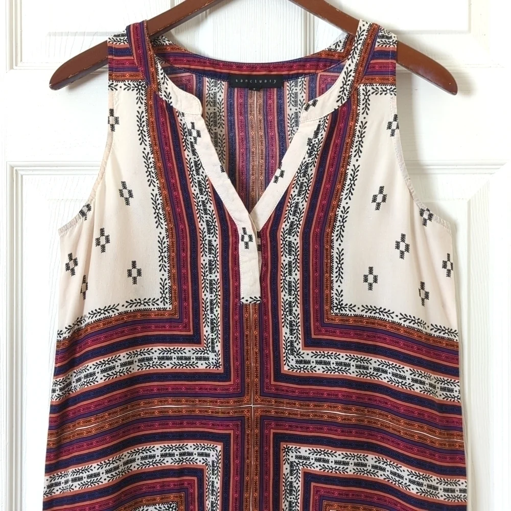 Sanctuary Bohemian Printed Sleeveless V-neck Mini Shift Dress Beige Small - Picture 2 of 10